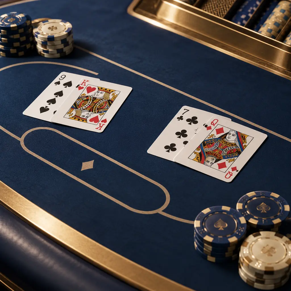 Kartu dan keping di atas meja baccarat