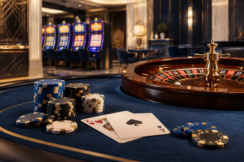 Ruang kasino dengan meja baccarat, roda roulette, dan kabinet slot dalam cahaya hangat