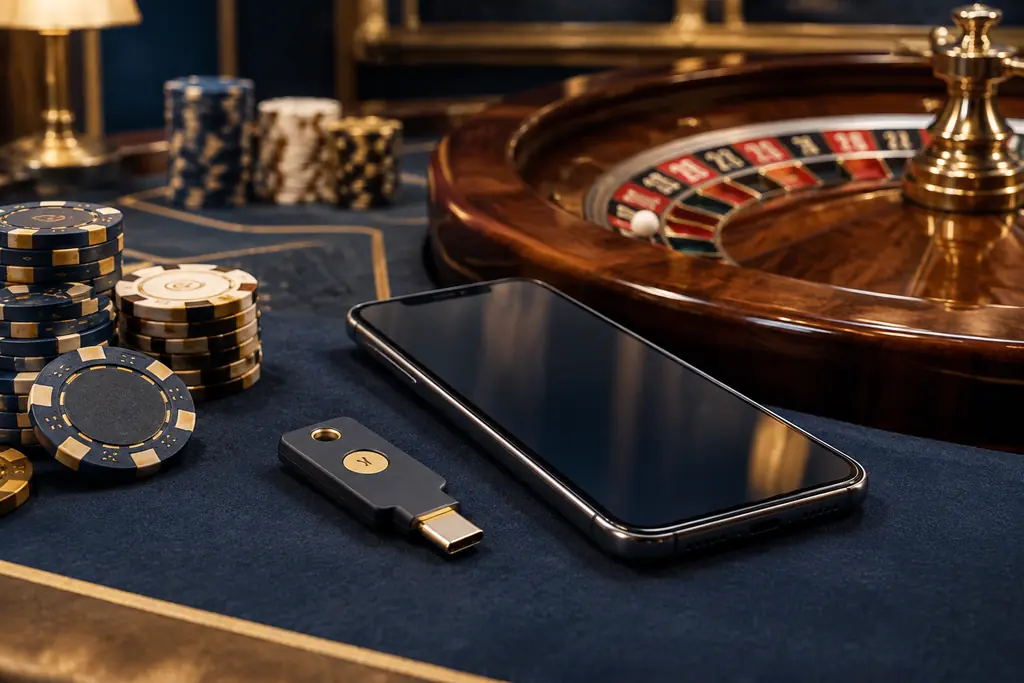 Kunci keamanan dan ponsel di meja roulette kasino