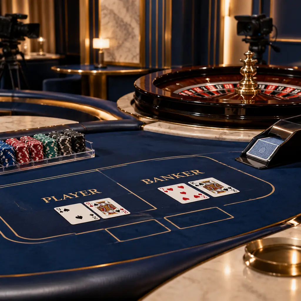 Meja baccarat dan roulette dengan perlengkapan siaran kasino