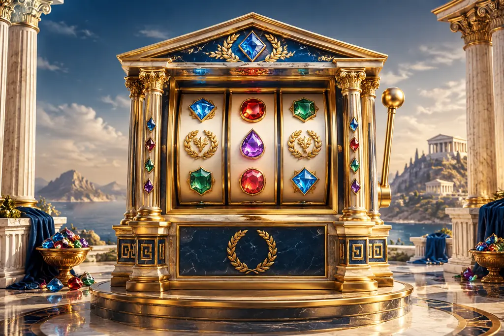 Permata dan ornamen kuil Yunani pada kabinet slot kasino